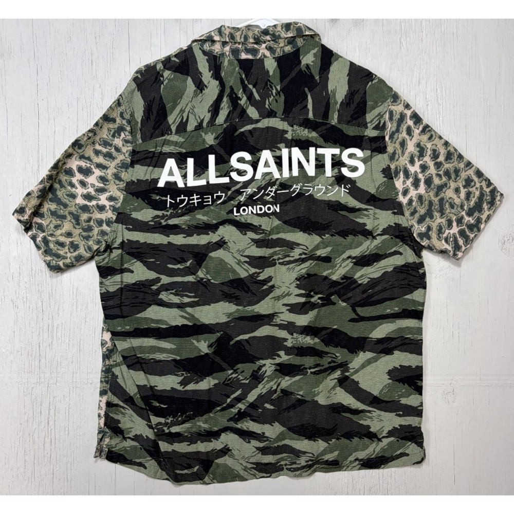 Mens All Saints London Shirt Size L Button Up Camo Loop Collar Relaxed Viscose